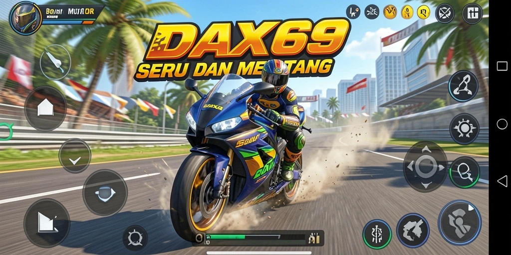 Screenshot gameplay DAX69 yang menampilkan balapan motor yang intens.