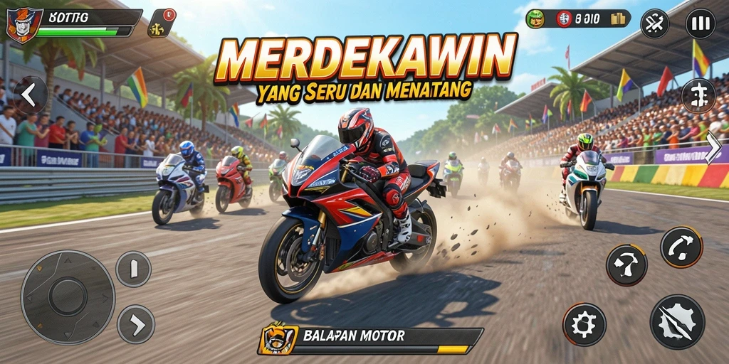 Gameplay balapan seru di MERDEKAWIN dengan jalanan yang menantang.