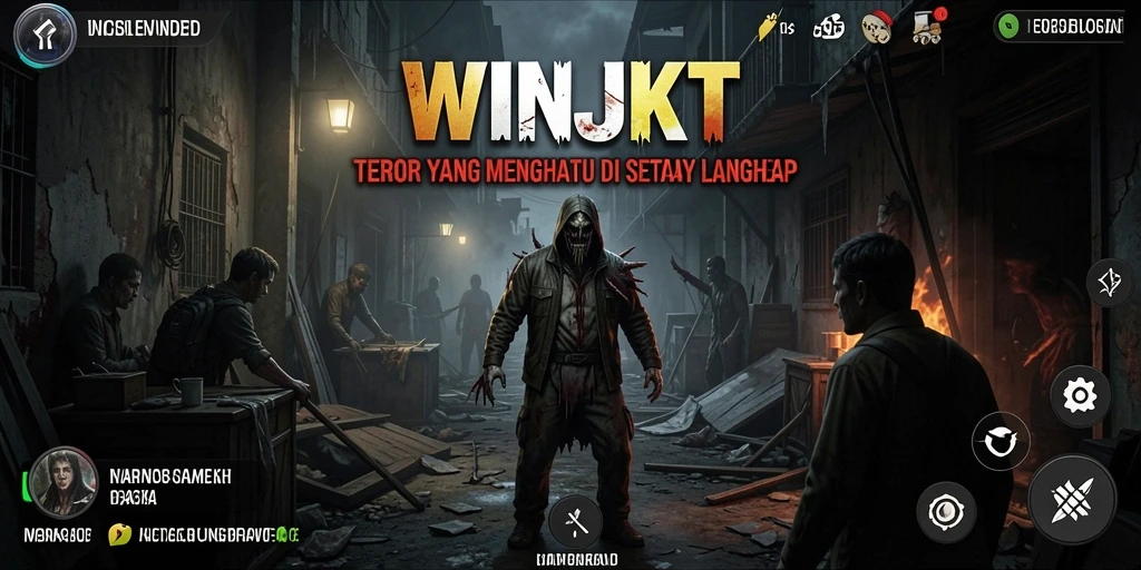 Tangkapan layar gameplay WINJKT menunjukkan momen menegangkan dalam suasana yang menyeramkan.